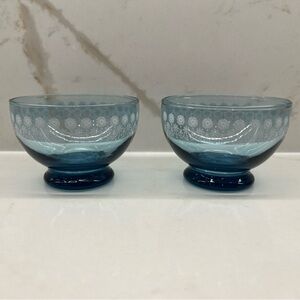 Vintage Pair Smoke Blue Dominion Glass Fruit Dessert Bowls White Floral Design